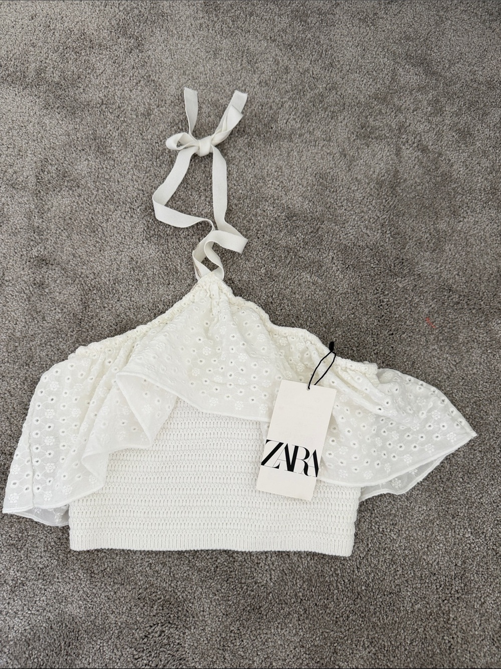 Zara White Eyelet Halter Smocked Crop Top
